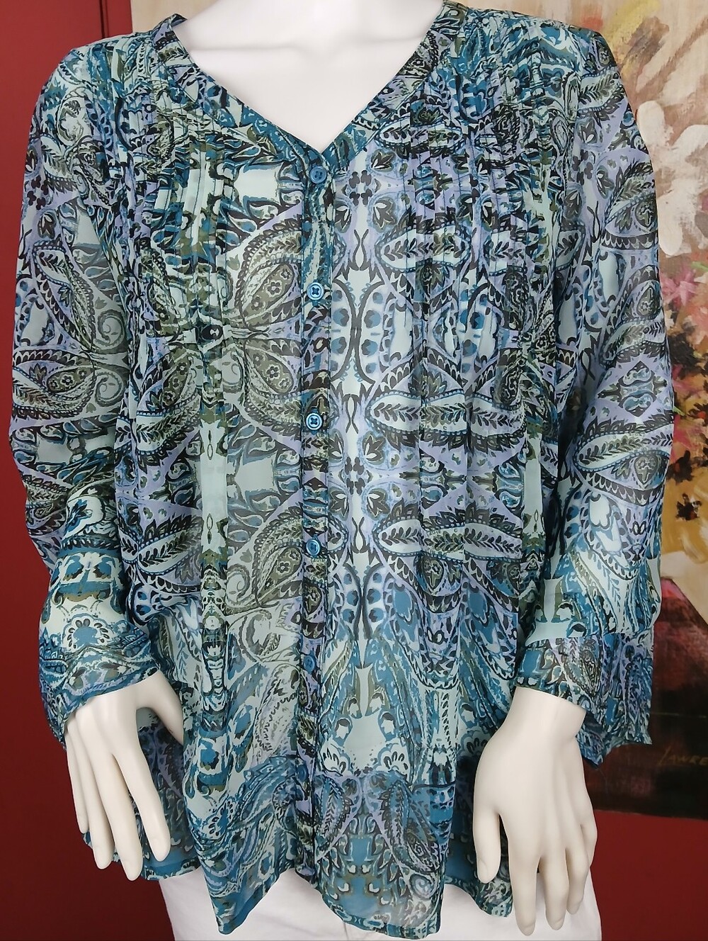 new directions Blue Paisley Sheer Button-Front Shirt .